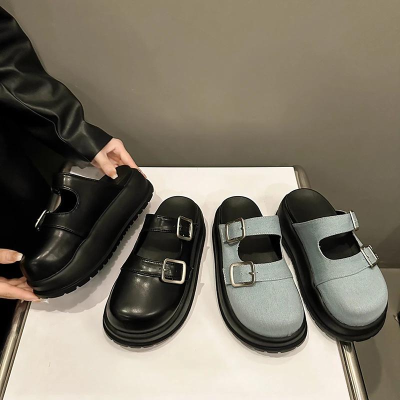 Fashion Thick Soled Baotou Sandals for Women's 2024 Summer New Outdoor Beach Shoes, Big Toe British Style Thick Soled Bocken Shoes