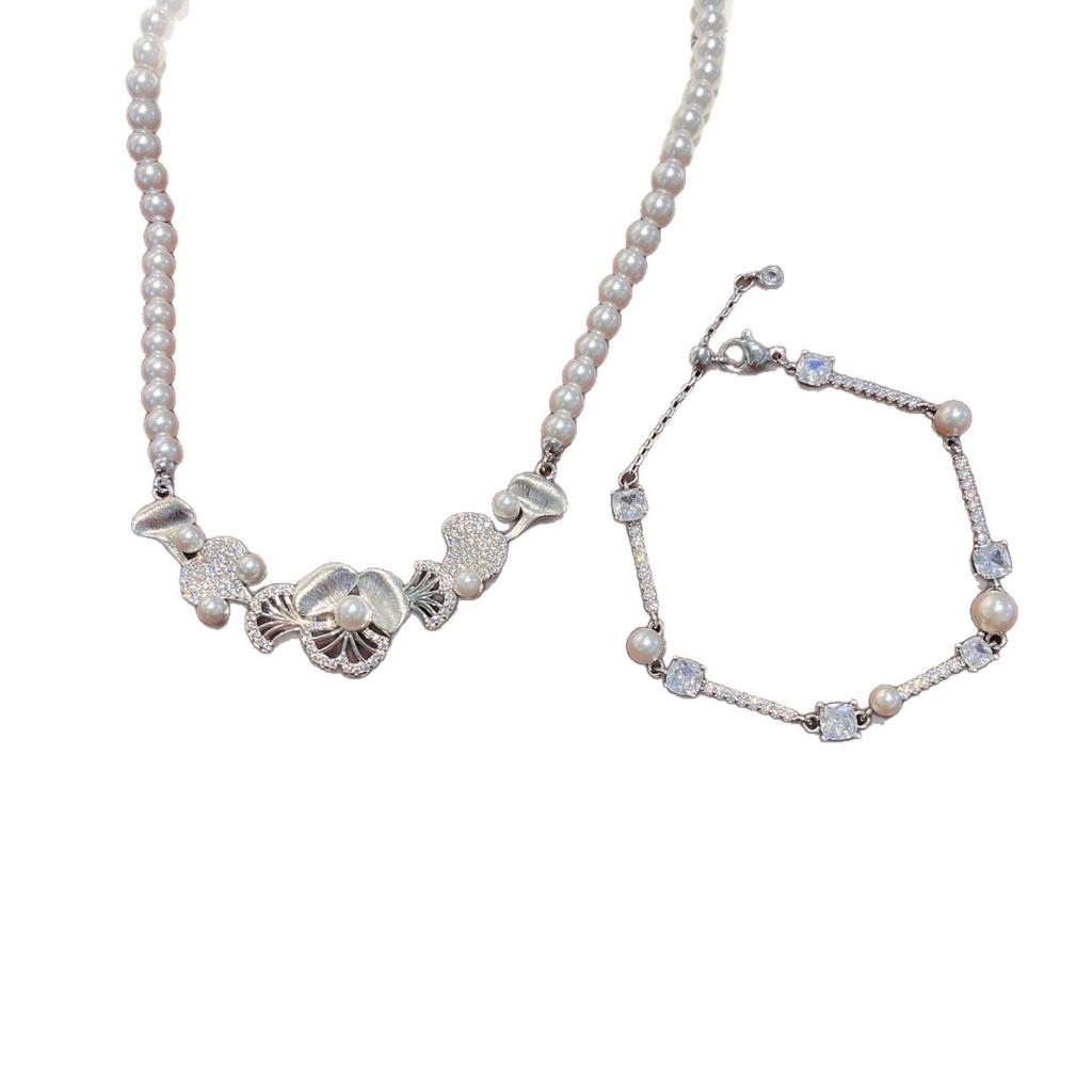 Крутое Бархатное Ожерелье с Гинкго Билоба Браслет с Жемчугом и Микро-Инкрустацией из Циркона Премиальный Набор Легкой Роскоши