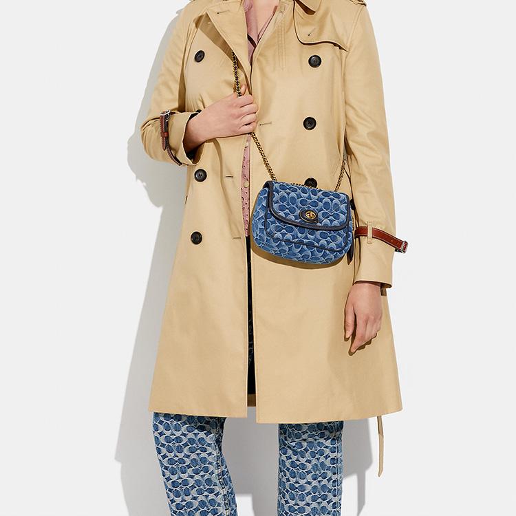 New COACH Pillow Denim With Smooth Leather Crossbody Bag, Shoulder Bag Medium Size Women's Marine Blue CA581-B4UDF