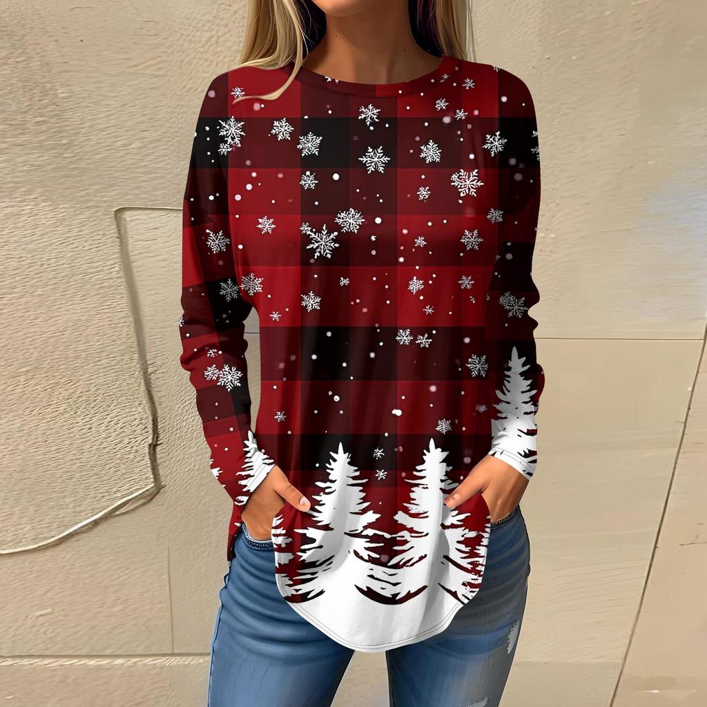 Футболки для женщин, повседневные рубашки с длинным рукавом, толстовка с винтажным графическим рождественским принтом, топ-пуловер