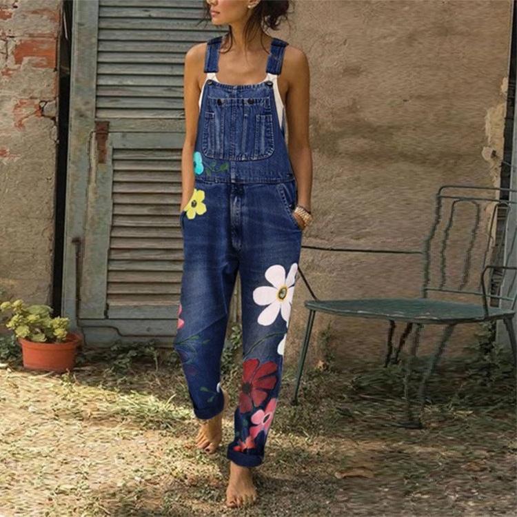 Женские весенне-летние джинсовые комбинезоны с цветочным принтом, свободные повседневные длинные брюки размера плюс XS-6XL