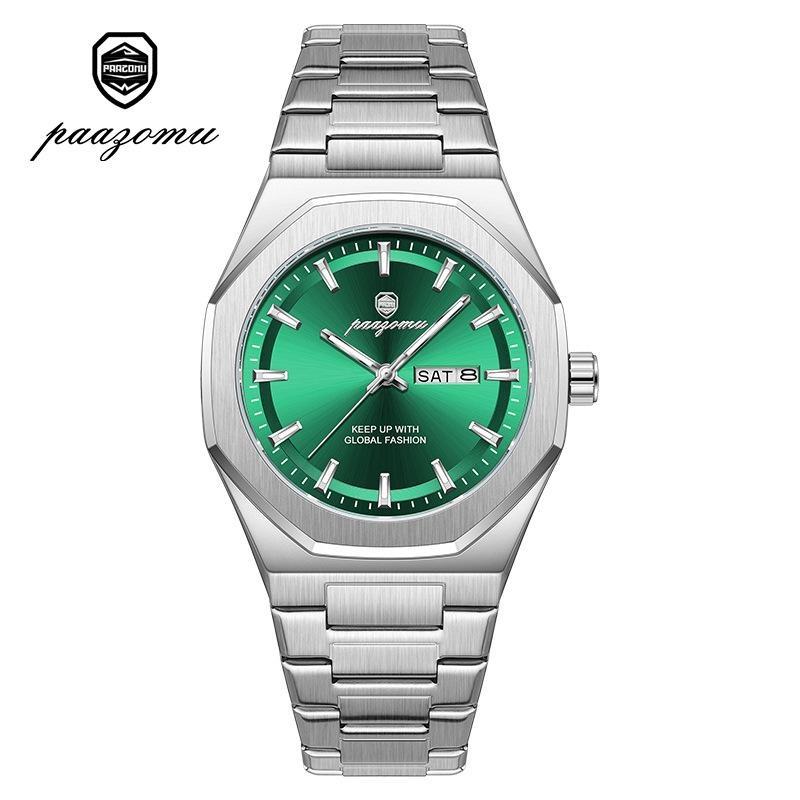 Mens Luxury Watches Octagonal Stainless Steel Analog Quartz Watch with Day Date, Waterproof Luminous Casual Watch