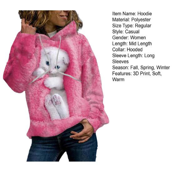 Yousheng Fall Winter Women Hoodie 3D Animal Print Loose Hooded Thick Plush Soft Warm Long Sleeve Pullover Mid Length Elastic Cuff Casual Top