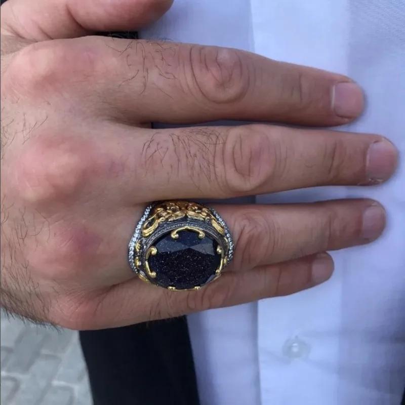 Мужское кольцо в форме яйца из аквамарина с гравировкой в стиле хип-хоп и ретро-узором