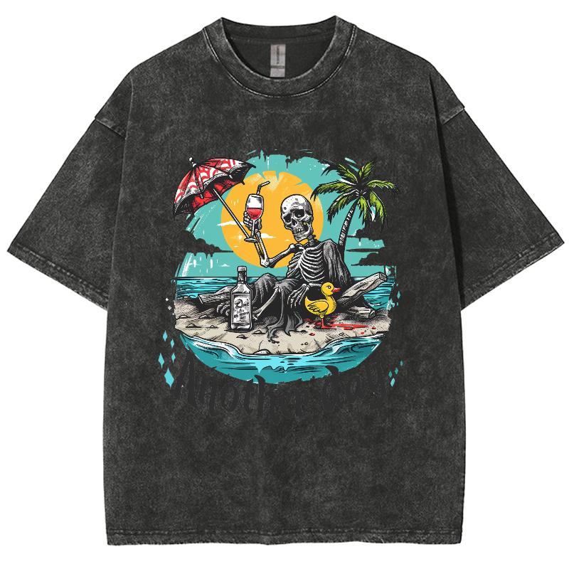Beach Coconut Tree Skull Print Women's T-Shirt Oversized Loose Wash Cotton Short Sleeve Casual Fashion Street