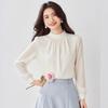 Elegant French Style Beige Chiffon Blouse Women Loose Fit Long Sleeve Shirt With Flattering Cut