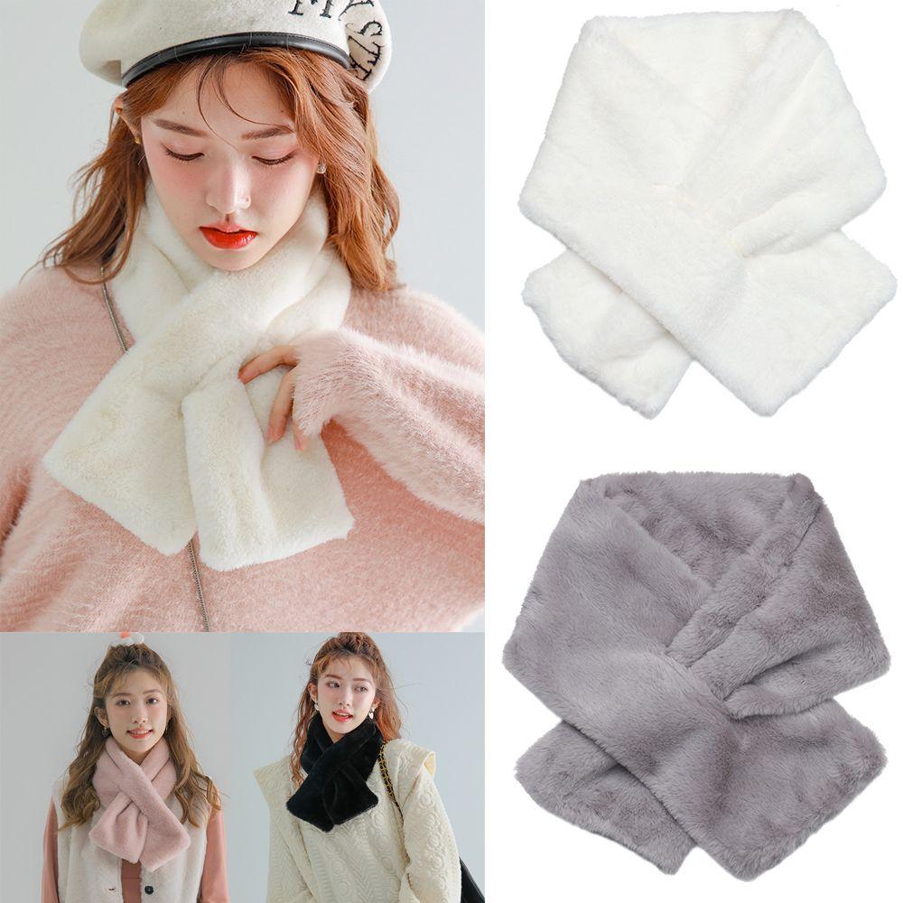 Women Shawl Faux Rabbit Fur Plush Neck Warmer Neckerchief Wrap Cross Scarf Solid Color