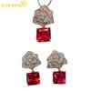 Classic Luxury Copper Alloy Square 10*10MM The Rose Red Color Zircon Earrings Pendant Necklace Jewelry Sets Wedding Party Gifts