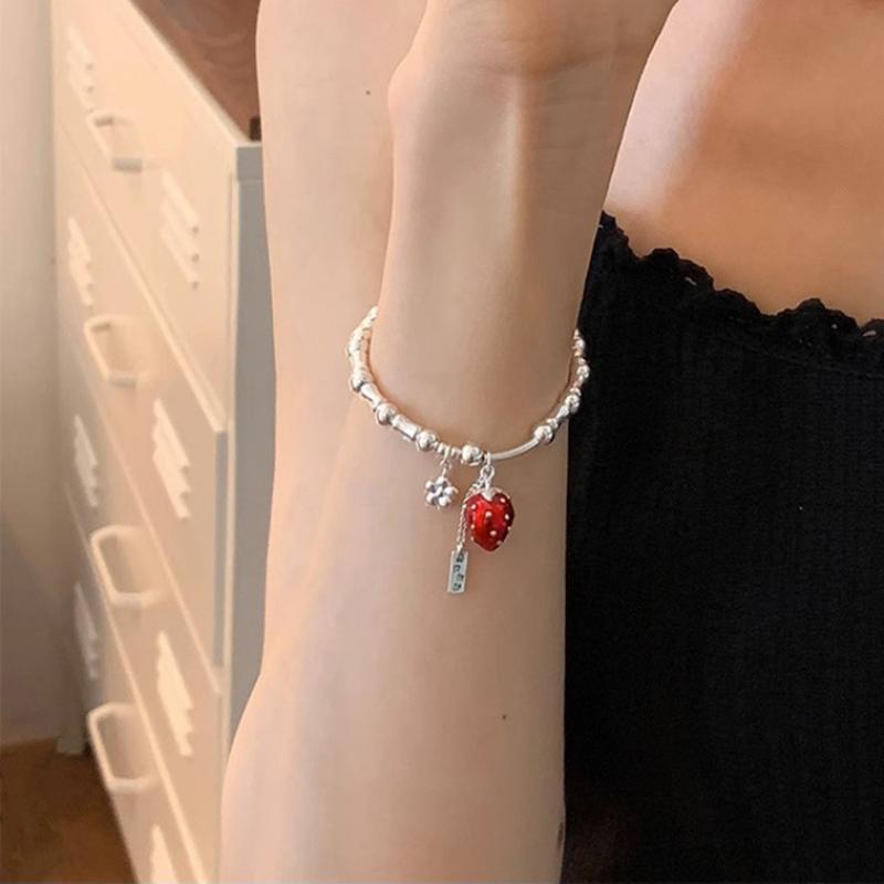2025 New Arrival Trendy Strawberry Charm Bracelet for Women Square Brand Silver Color Flower Luxury Jewelry Birthday Gifts