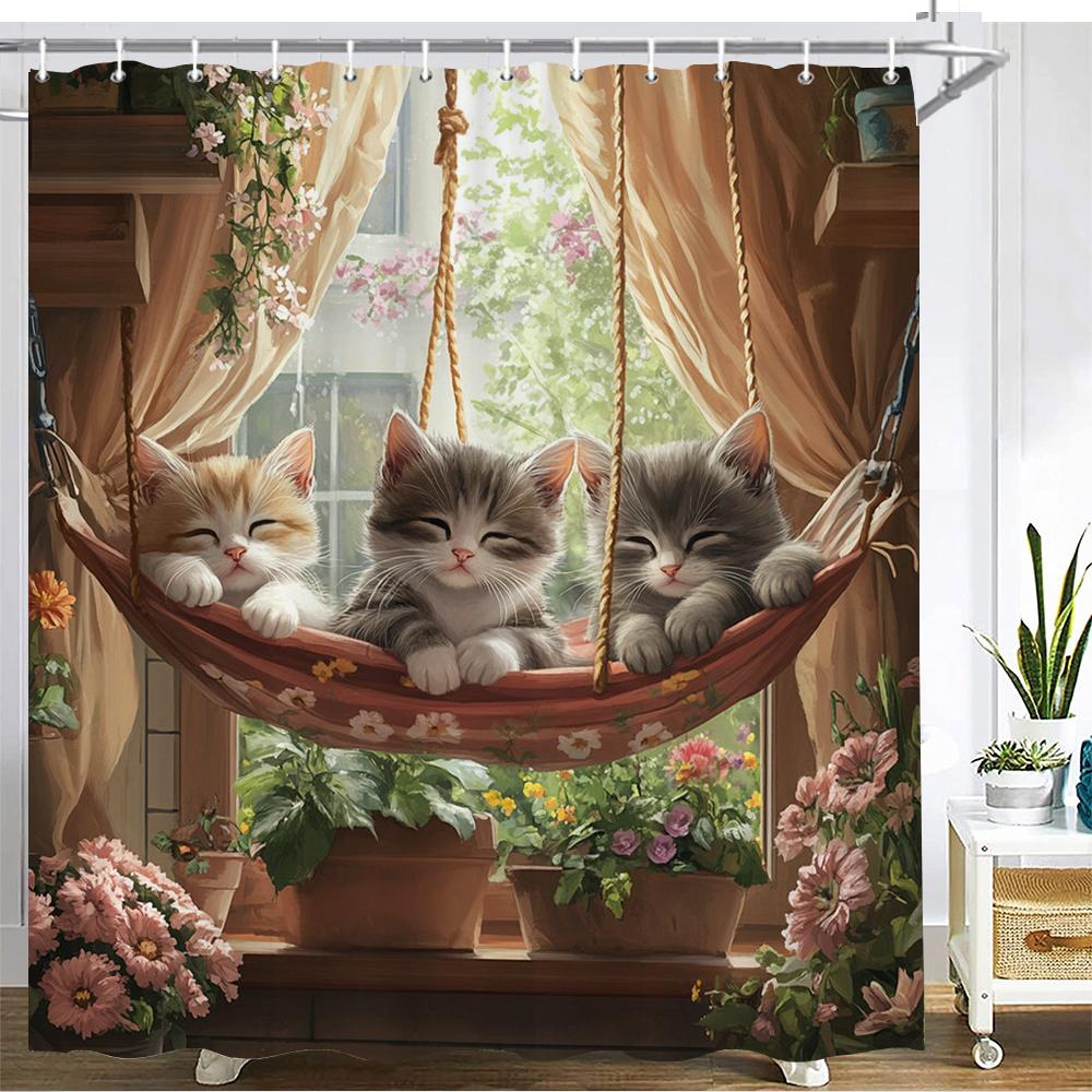Мультяшная Милая Кошка Занавеска для Душа Принтованная Ткань Садовые цветы и растения Кошки Занавеска для Ванной Ванна Украшение для Дома Занавеска