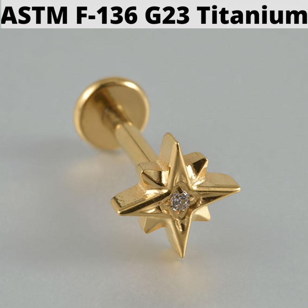 Серебряная четырехконечная звезда G23 Сплошной титан Серьга-гвоздик для хряща 16G С внутренней резьбой Солнце Хеликс Мочка уха Пирсинг Украшение