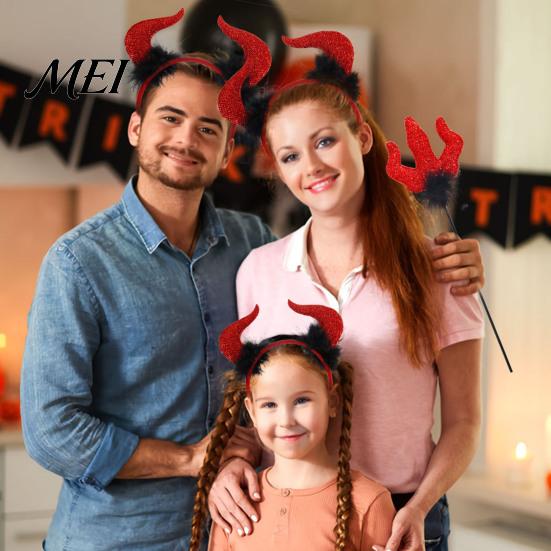 Kids Adult Party Favors Halloween Red Devil Costume, Glitter Horn Headband And Trident Prop Dress Up Supplies for Cosplay, Masquerade Performance