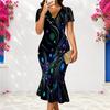 Women Plus Size V Neck Short Sleeve Black Green Gold Printed Fitted Fishtail Dress