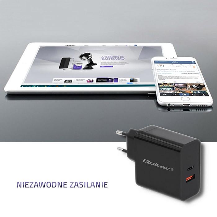 Ładowarka sieciowa Qoltec 63W | 5-20V | 1.5-3A | USB typ C PD | USB QC 3.0 | Czarna