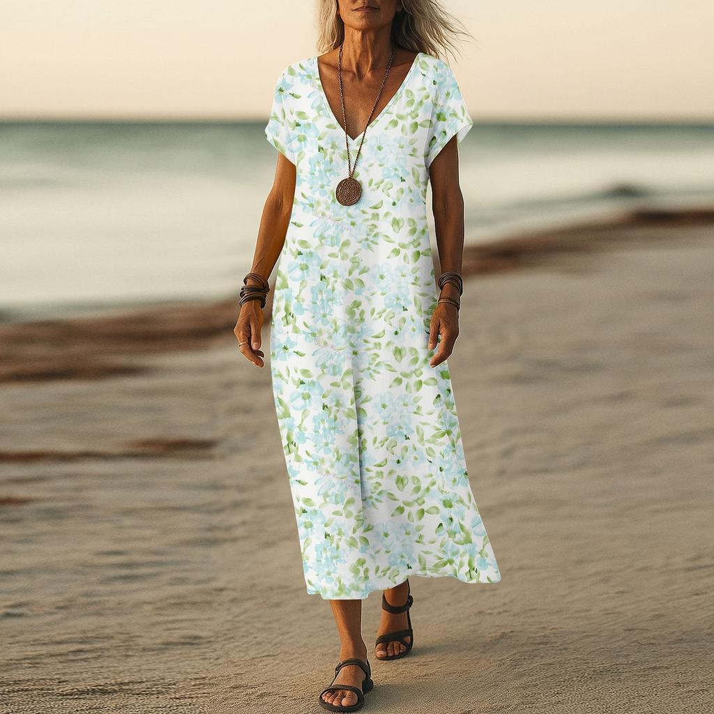 Summer Dress Women's Long Boho Beach Dress Elegant Maxi Dress V-Neck Short Sleeve Summer Tunic Dress Light Airy