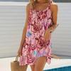 Women Beach Dress Sling Sleeveless Loose Waist Mini Dress Ocean Pattern Summer Vacation Dress Holiday Outfit