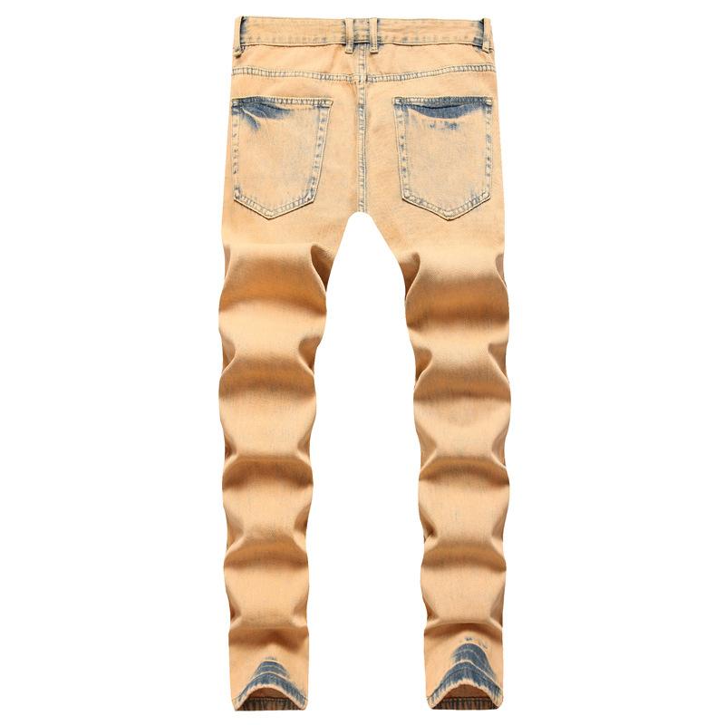 Европейские и американские повседневные желтые брюки средней талии, обычные неэластичные, стираные, длинные, хлопковые рваные джинсы