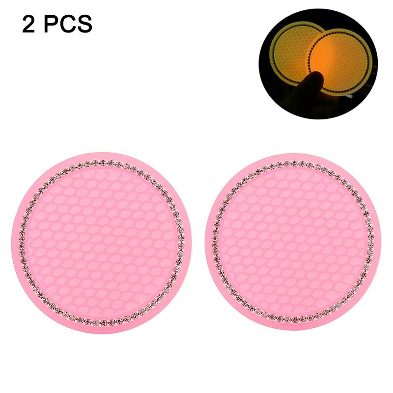 2pcs Non-slip Car Water Cup Pad Luminous Car Coaster Pad Mat Cup Bottle Holder Rhinestone Rubber Pad Mat Car Styling Accessories