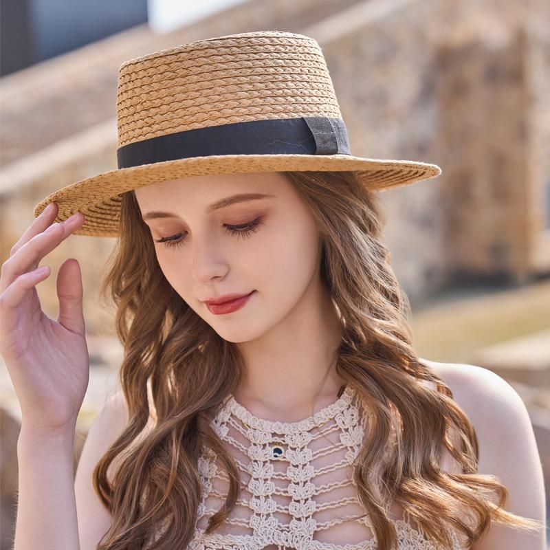 Top Hat British Fashion Flat Brim Hat Flat Top Straw Hat Seaside Beach Shade Sun Hat