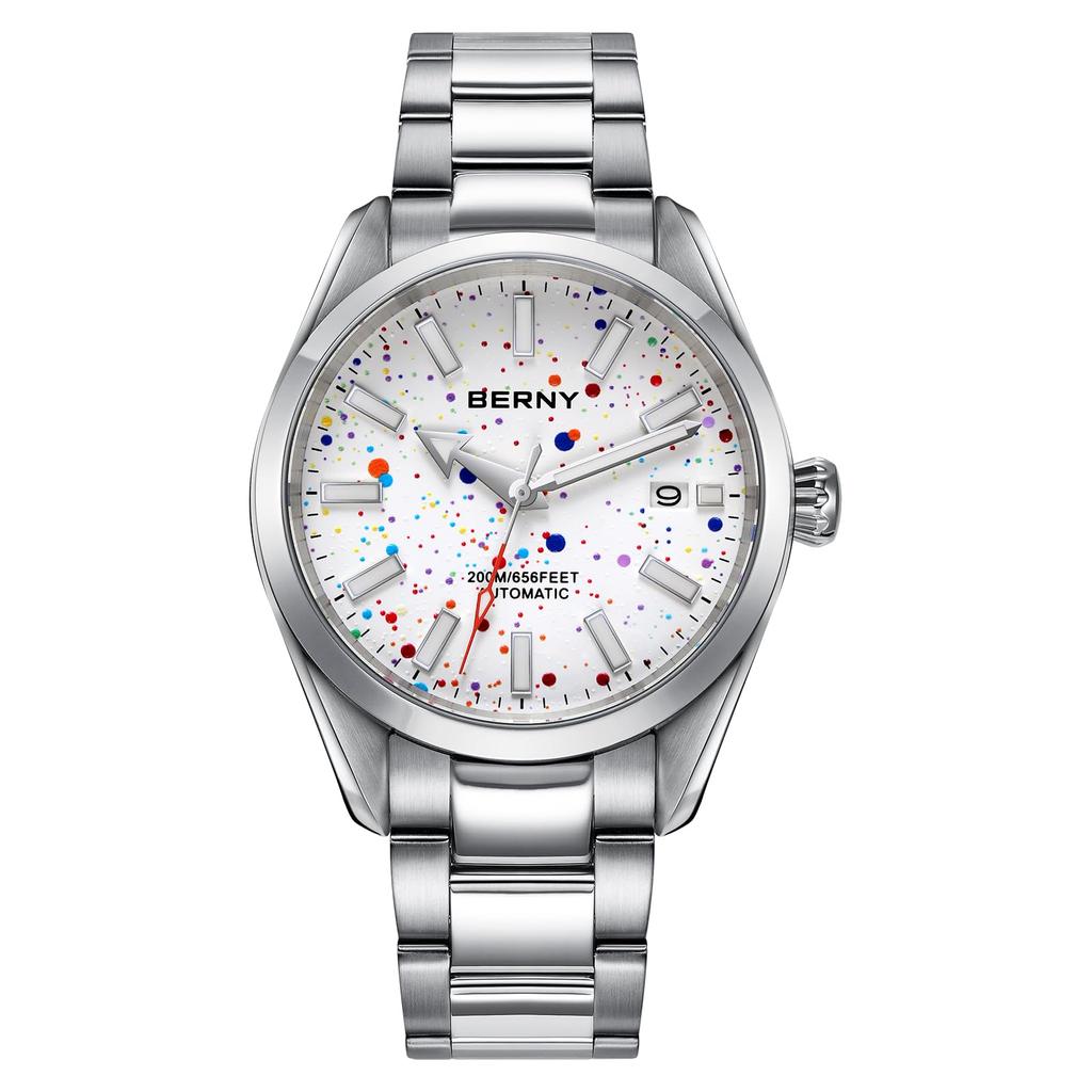 BERNY Автоматические 200М Водонепроницаемые Супер Люминесцентные Полностью из Нержавеющей Стали Аналоговые Сапфировое Стекло Календарь Включен Мужские Часы, Водонепроницаемые, Серебристые, Стальные, Часы, Кристалл,