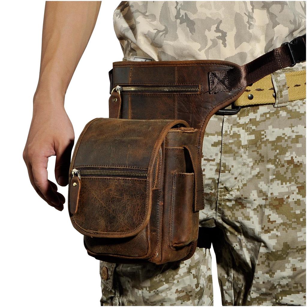Genuine Leather Men Casual Messenger Shoulder Sling Bag Fashion Multifunction Drop Leg Bag Waist Pack
