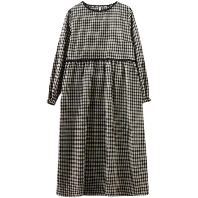 Korean Version of Wooden Ear Lace Plaid Dress Plus-size Women's Casual Dress