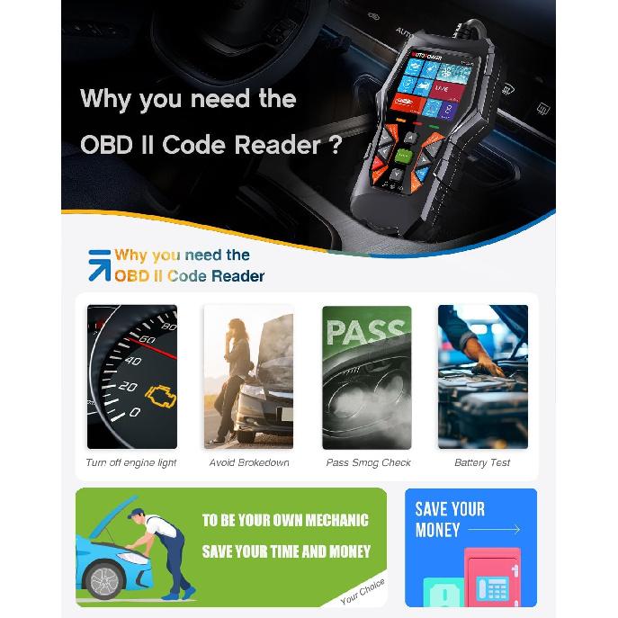 MOTOPOWER MP69040 Автомобильный OBD2 сканер Чтение кодов неисправностей Check Engine Диагностический инструмент, Черный