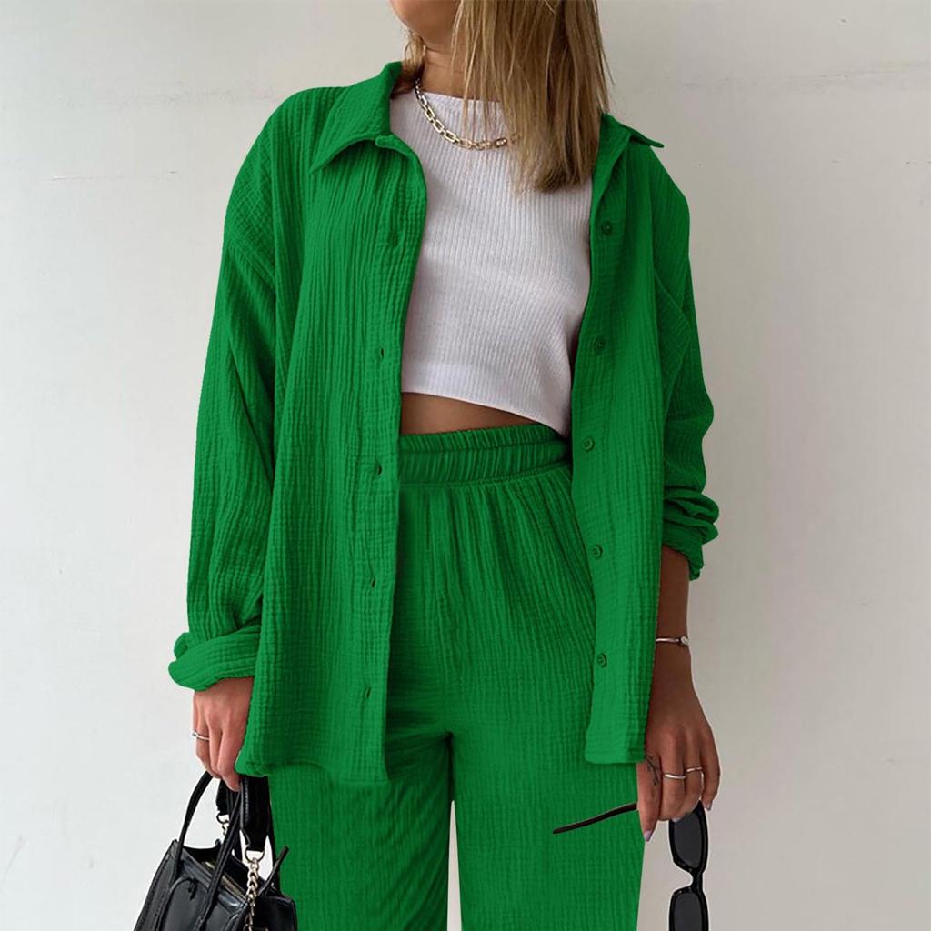 Wrinkled Fabric Women Long Sleeve Shirt Collar Button Down Shirt High Waist Drawstring Shorts Plus Size Casual Two Piece Set