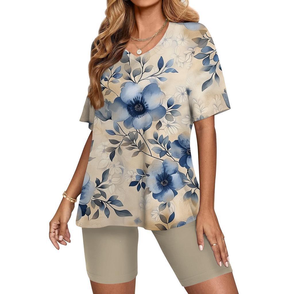 New flower and plant printing short-sleeved V-neck T-shirt 1116 European and American casual loose two-piece set WB11 + WS1