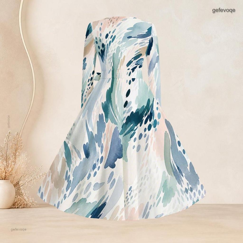 Women Plus Size Square Neck Long Sleeve Multicolor Printed A Line Dress With Belt Pockets
