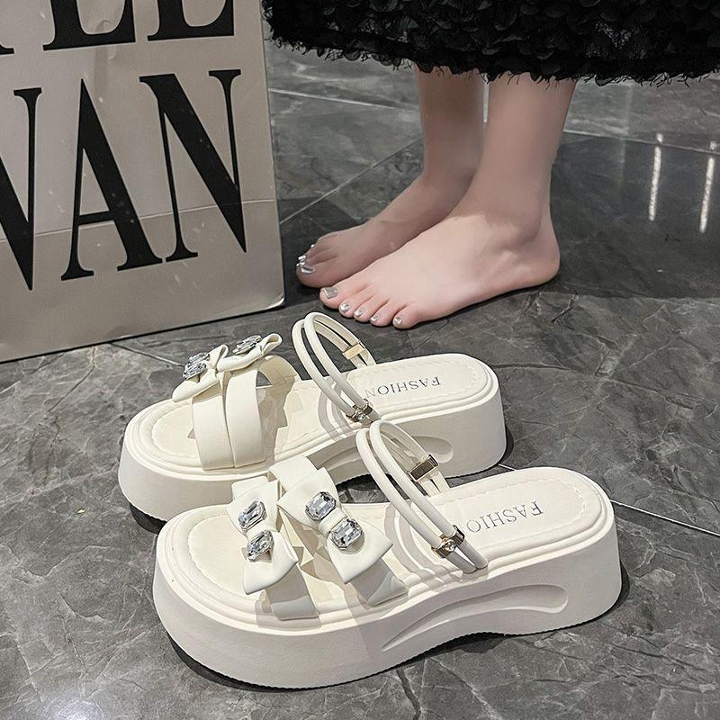 Женские тапочки-шлепанцы с толстой подошвой, украшенные стразами, летние новинки 2025, французский стиль, бант, платформа, универсальные, модные