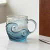 Yousheng Sea Glass Sunset Mug Thickened Glass with Wave Texture Gradient Color Water Cup Non-Slip Handle Glassware for Coffee Juice Iced Drinks