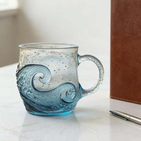 Yousheng Sea Glass Sunset Mug Thickened Glass with Wave Texture Gradient Color Water Cup Non-Slip Handle Glassware for Coffee Juice Iced Drinks