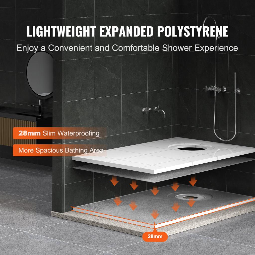 VEVOR Shower Curb Kit, 1524x965mm Shower Pan Kit with 160mm Offset Drain, Lightweight EPS Shower Installation Kits with 2 Waterproof Cloths