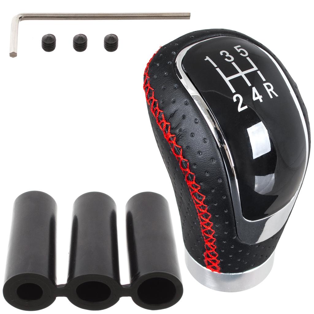 UNIVERSAL 5 SPEED BLACK LEATHER + RED THREAD + SILVER gear shift knob