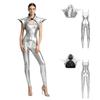 Metallic Shiny Stand Collar Fly Sleeve Bodycon Sling Jumpsuit with Gothic Pauldron Armor for Women Halloween Club Party