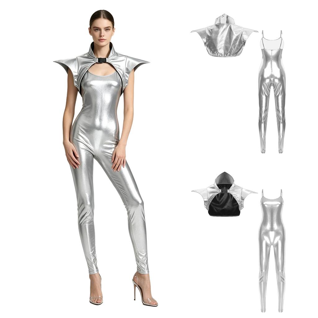 Metallic Shiny Stand Collar Fly Sleeve Bodycon Sling Jumpsuit with Gothic Pauldron Armor for Women Halloween Club Party