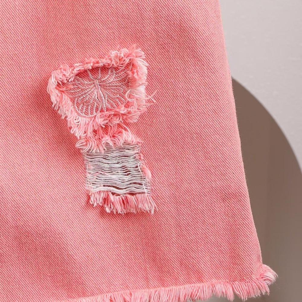 Детская одежда Комплект с короткими рукавами для девочек 4-7 лет Летний топ без рукавов с бантом + розовые рваные джинсовые брюки