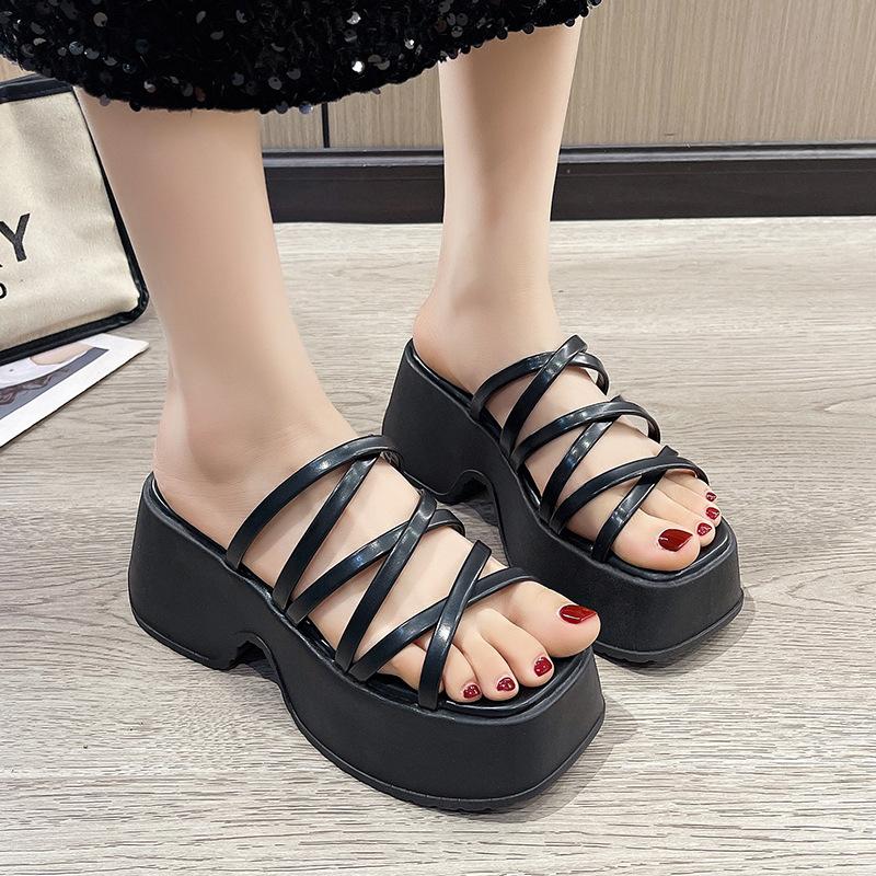 8 см Высокий каблук Толстая подошва Тапочки Женские летние модные туфли Универсальные тапочки для верхней одежды Тонкий ремень Платформа Римские сандалии
