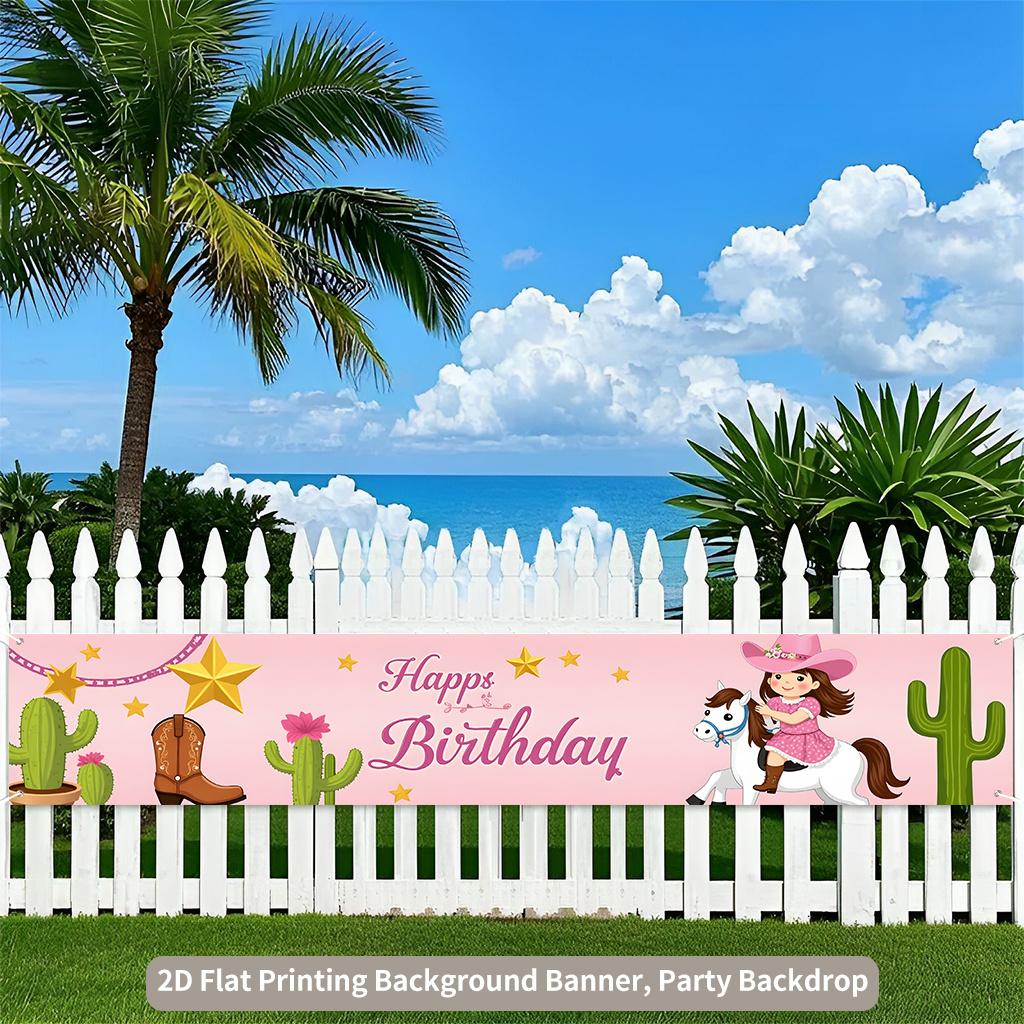 Birthday Party Banner, Cartoon Illustration Background Theme, Polyester Outdoor Indoor Fence Lawn Decoration