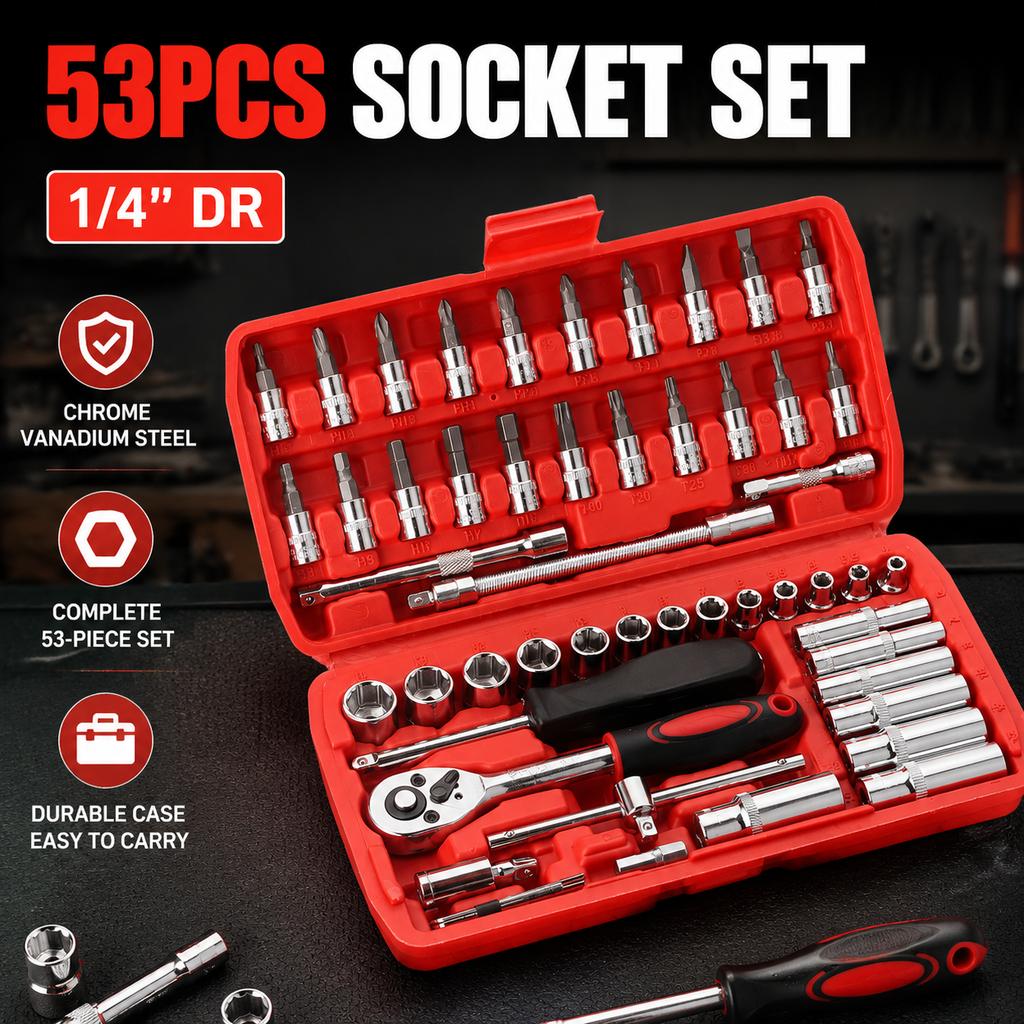 Compact Storage 1/4 Drive 53pcs Ratchet Tool Set for Home Garden Equipment Fixing