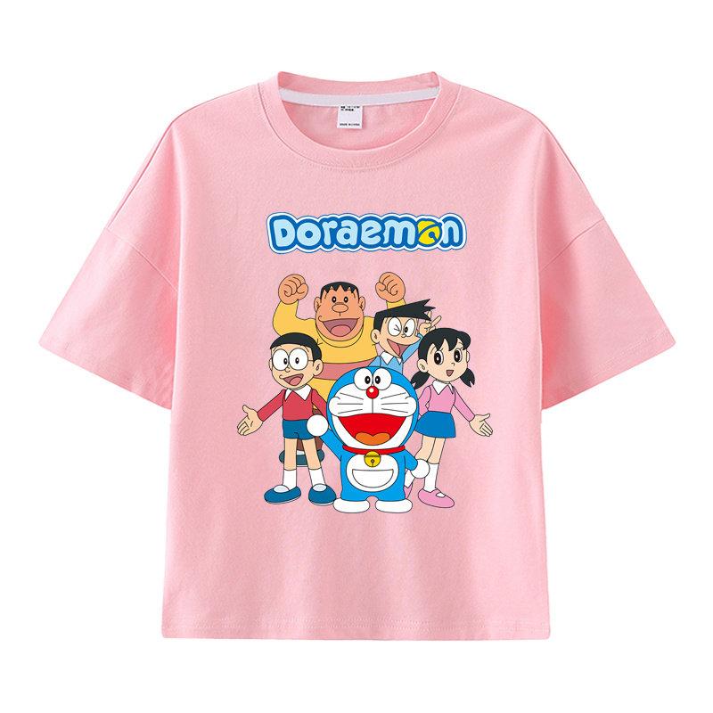 Pure Cotton Childrens Shortsleeved Tshirt for Summer Boys and Girls Halfsleeved Childrens Clothing with Doraemon Pattern
