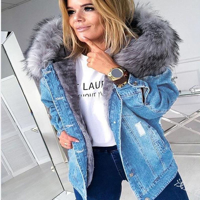 Модная куртка с капюшоном, женская теплая овечья шерсть, тонкая короткая джинсовая куртка, женское повседневное пальто