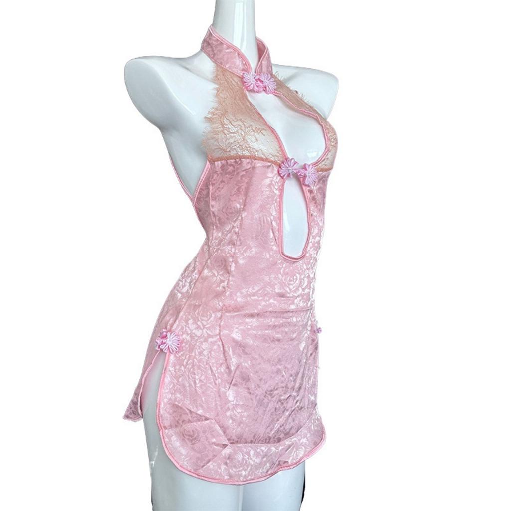 Retro Cheongsam Free Sex Underwear Side Split Mesh Transparent Lace Large Size Uniform Temptation