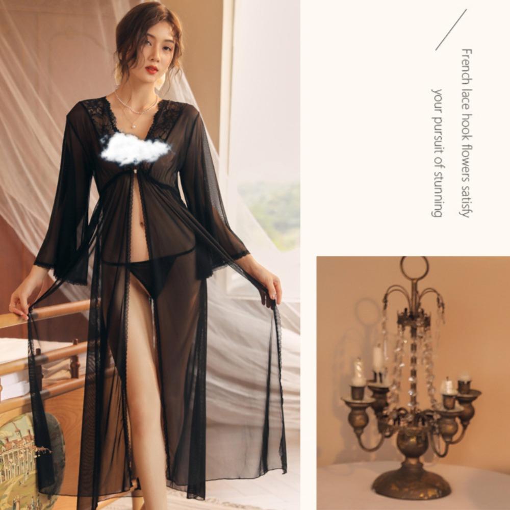 Sex Underwear Sexy Lace Mesh Pajamas Long Skirts Cardigan Perspective Temptation Nightgown Loungewear