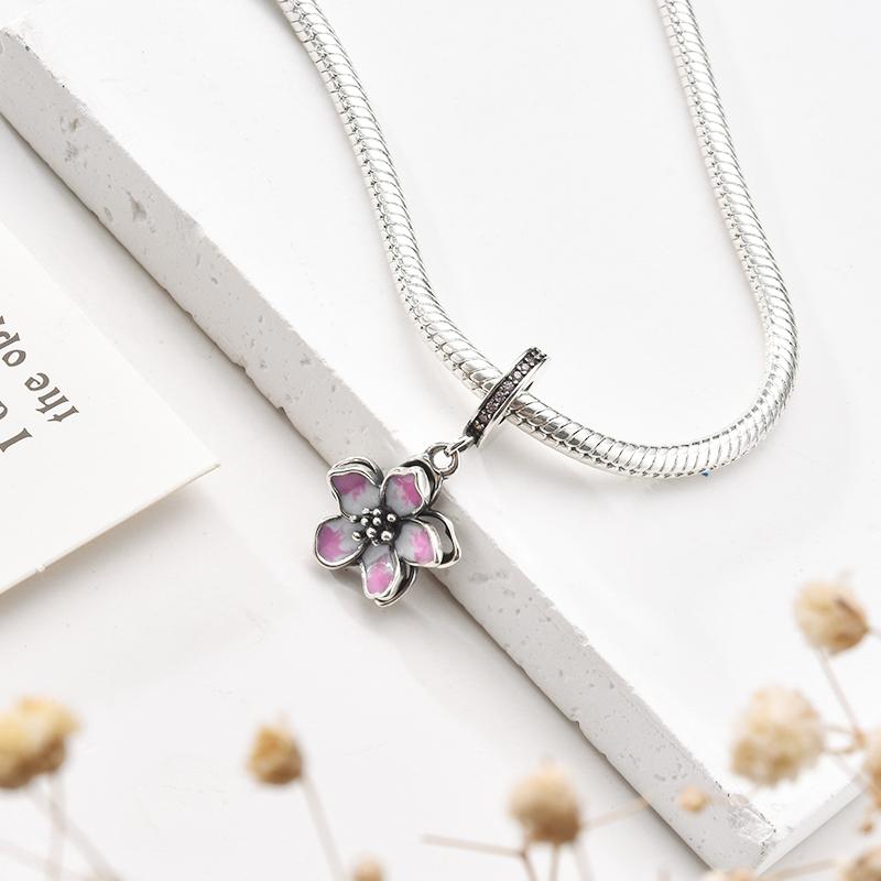 Pink Butterfly Cherry Blossom Flower Caterpillar Charm Enamel Bead fit Original Silver Bracelet Jewelry Accessories for Women