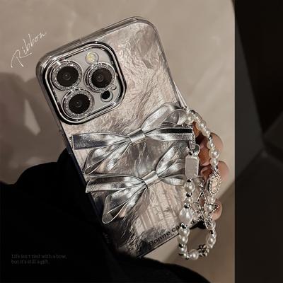 Объемный серебристый чехол для телефона с бантом для 16 для Apple 17promax, Легкая роскошь для IPhone 14, Цепочка для подвешивания 13, Всесторонний