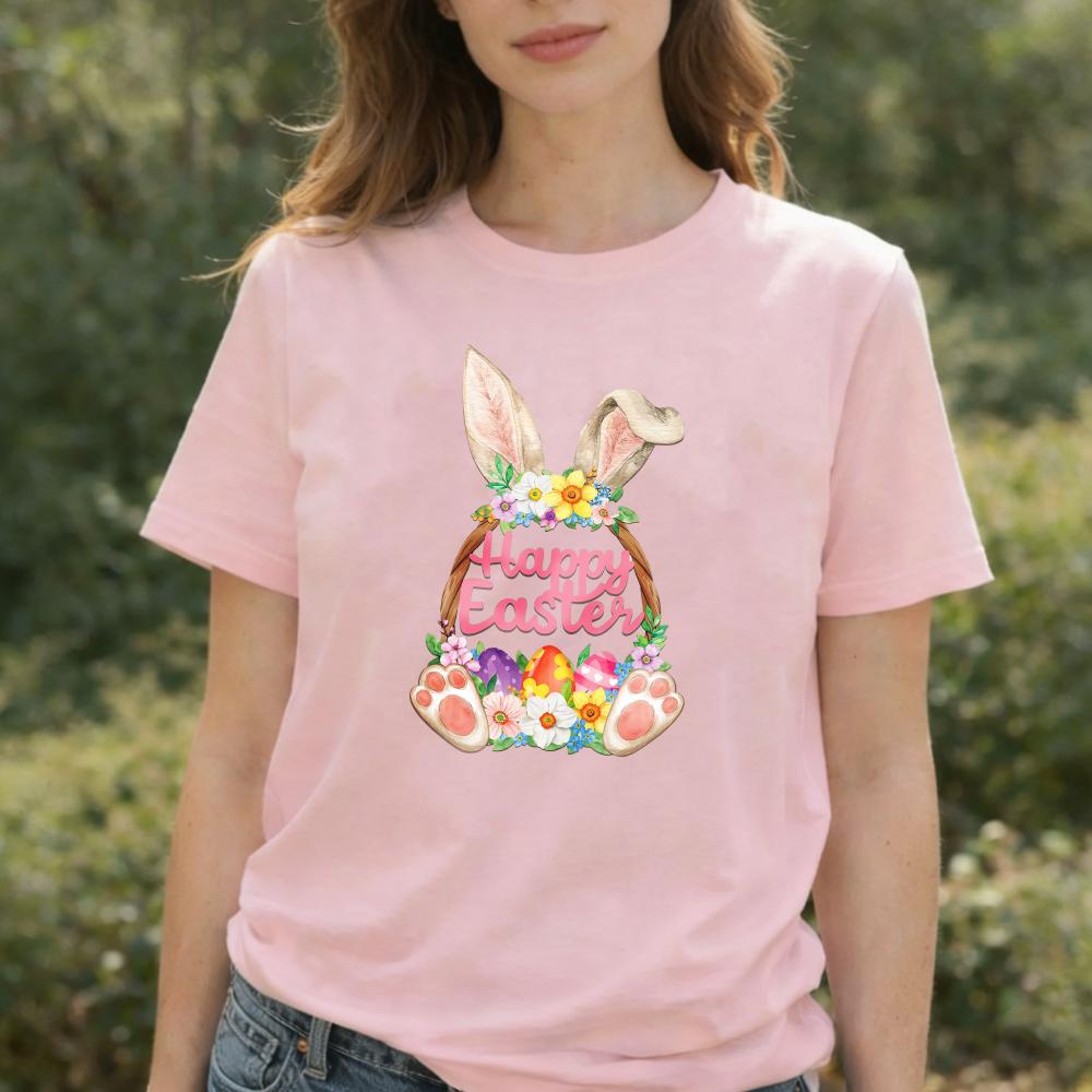 Happy Easter Bunny Basket Kawaii Tshirt Watercolor Floral Easter Eggs Graphic With Bunny Paws Breathable Casual Streetwear