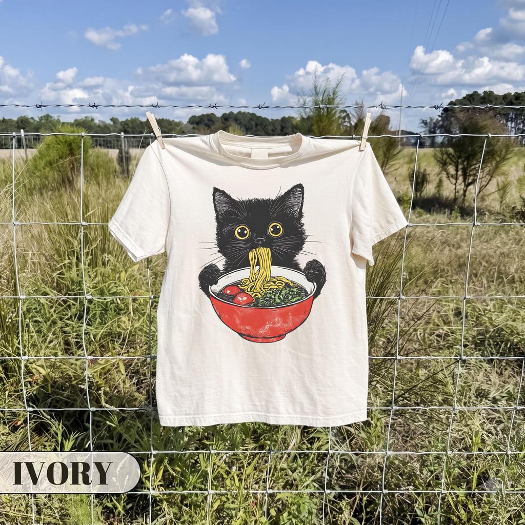 Funny Black Cat Ramen Graphic T-Shirt, Gift for Anime Lover Japanese Foodie, Cute Kitten Eating Noodles Graphic Tee, Whimsical Cat Mom Top
