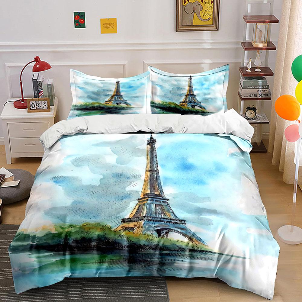 Watercolor Eiffel Tower Print Bedding Duvet Cover Set Duvet Cover Pillowcases (1*Duvet Cover 2*Pillowcases, without duvet insert)